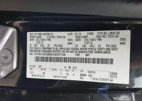 2014 Ford Escape Se из США, поврежденный, VIN 1FMCU9G96EUD57706